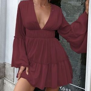 maroon v neck flare dress